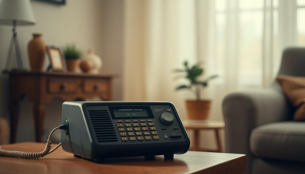 A retro-styled telephone answering machine set against a muted, nostalgic backdrop. The device sits prominently in the foreground, its tactile buttons and analog display conveying a sense of vintage technology. Soft, diffused lighting casts a warm glow, evoking a cozy, domestic atmosphere. The middle ground features subtle details like a wooden side table or a potted plant, while the background blends into a hazy, out-of-focus scene, creating depth and a sense of place. The overall tone is one of reminiscence, capturing the time when checking for missed calls meant physically interacting with a dedicated machine.