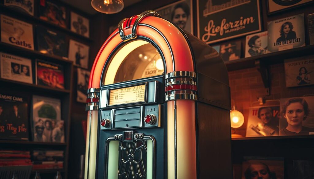 A retro-styled, well-worn jukebox stands in a dimly lit, cozy music shop. The device's chrome exterior gleams under warm, soft lighting, casting a gentle glow across the room. Vintage album covers, music notes, and a "Lieferzeit Musikbox" sign adorn the surrounding shelves, creating a nostalgic, analog atmosphere. The jukebox's controls are visible, inviting the viewer to imagine selecting a favorite tune and letting the rhythmic beats fill the air. The scene conveys a sense of timeless charm and the enduring allure of physical music formats, setting the stage for the "Lieferzeit und Versandbedingungen" section of the article.