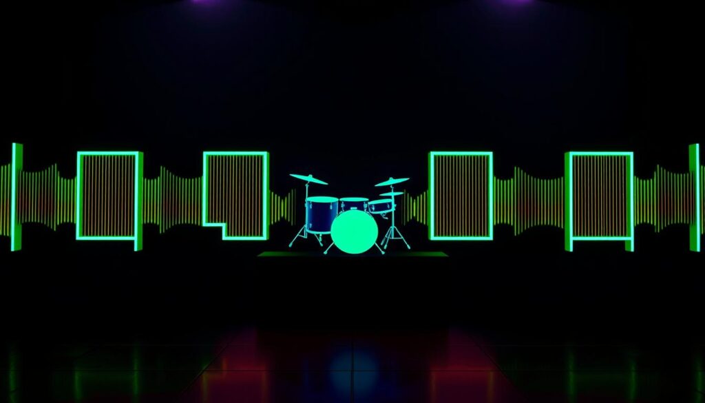 A rhythmic visual representation of a 4/4 time signature, the foundation of techno music. In the foreground, a vivid geometric pattern of interlocking square waveforms pulsing in a steady tempo, their edges glowing with a neon-like intensity. In the middle ground, a trio of sleek, minimalist drum icons - kick, snare, and hi-hat - steadily keeping the beat. The background is a subtly shifting gradient, evoking the hypnotic, trance-inducing atmosphere of a darkened techno club. Dramatic chiaroscuro lighting casts dramatic shadows, heightening the sense of energy and motion. The overall composition is clean, elegant, and precisely aligned, reflecting the mathematical precision inherent in this defining characteristic of the techno genre.
