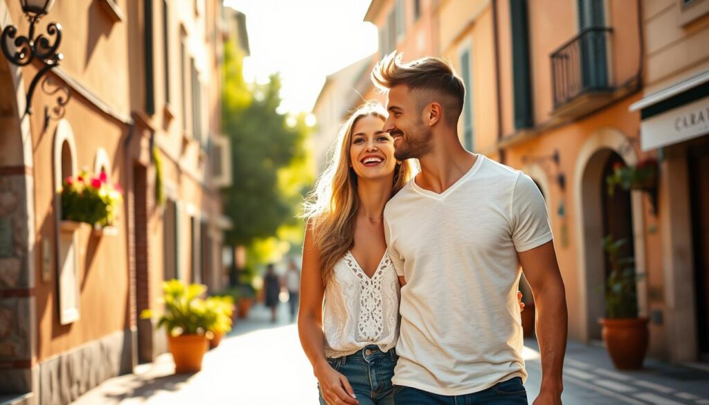 A romantic candid portrait of Diletta Leotta and Loris Karius, the Italian media personality and the German professional footballer, strolling hand-in-hand down a picturesque Italian street. The sun casts a warm, golden glow, highlighting the couple's affectionate body language and the enchanting backdrop of charming Mediterranean architecture. Diletta's radiant smile and Loris' adoring gaze convey the genuine connection and happiness between them. The scene is framed with a shallow depth of field, keeping the subjects in sharp focus while softening the details in the foreground and background. The overall mood is one of love, intimacy, and the effortless beauty of a budding romance.
