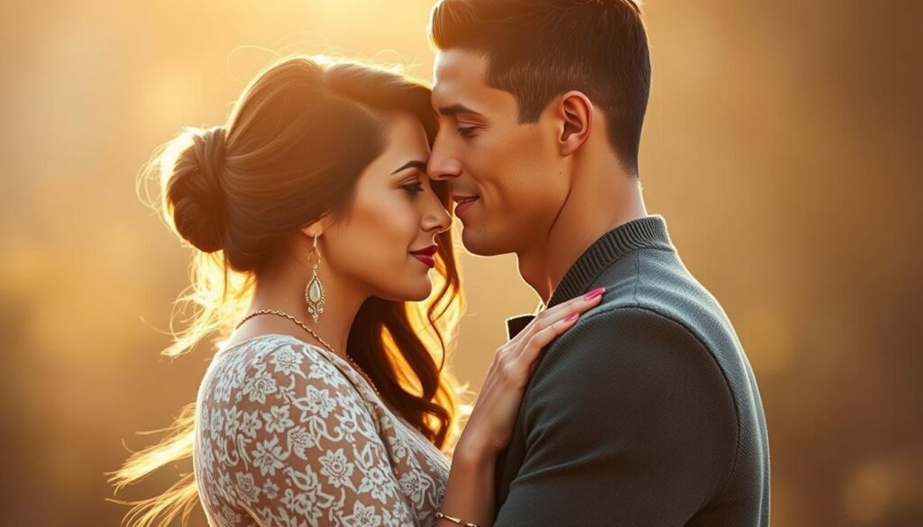 A romantic couple's intimate embrace, Georgina Rodriguez and Cristiano Ronaldo's loving gaze captured in soft, warm lighting. They stand together, their bodies intertwined, exuding an aura of genuine affection and mutual admiration. The background blurs, focusing the viewer's attention on their profound connection. Georgina's elegant features and Cristiano's chiseled profile convey a sense of passion and devotion, hinting at the depth of their relationship. The scene is elegantly composed, with a cinematic quality that evokes the essence of their love story.