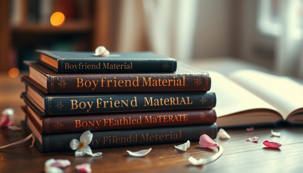 A romantic, softly lit scene of a stack of books titled "Boyfriend Material" on a wooden table. The books have a vintage, leather-bound aesthetic with gold-embossed lettering. Delicate flower petals are scattered around the books, adding a touch of whimsy and femininity. The lighting is warm and inviting, creating a cozy, intimate atmosphere. The background is blurred, allowing the books to be the focal point. The composition is balanced and visually appealing, conveying a sense of elegant simplicity and the allure of romantic literature.