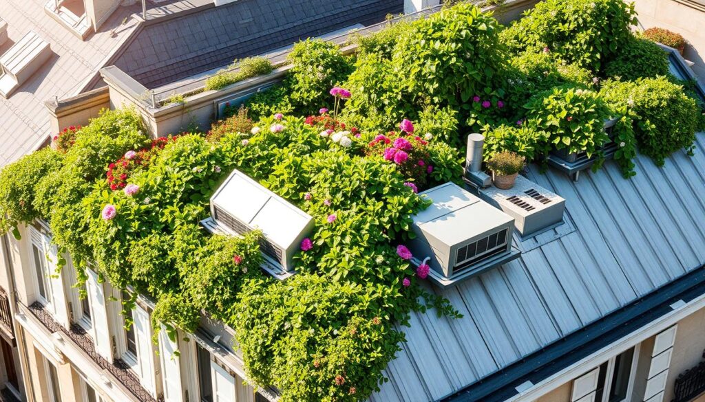 A rooftop garden thrives atop a traditional Parisian building, its lush greenery and vibrant flowers cascading over the zinc-clad roof. Sunlight filters through the verdant canopy, casting a soft, natural glow across the scene. The roof's integrated cooling system, with its sleek metal vents and discreet piping, blends seamlessly into the landscape, creating a harmonious and sustainable solution to the building's thermal challenges. The overall composition evokes a sense of urban oasis, a verdant respite from the city's heat. Careful attention to detail, from the realistic textures of the foliage to the intricate architectural elements, elevates this image as a visually compelling and informative representation of the "Dachbegrünung Kühlsystem" concept.