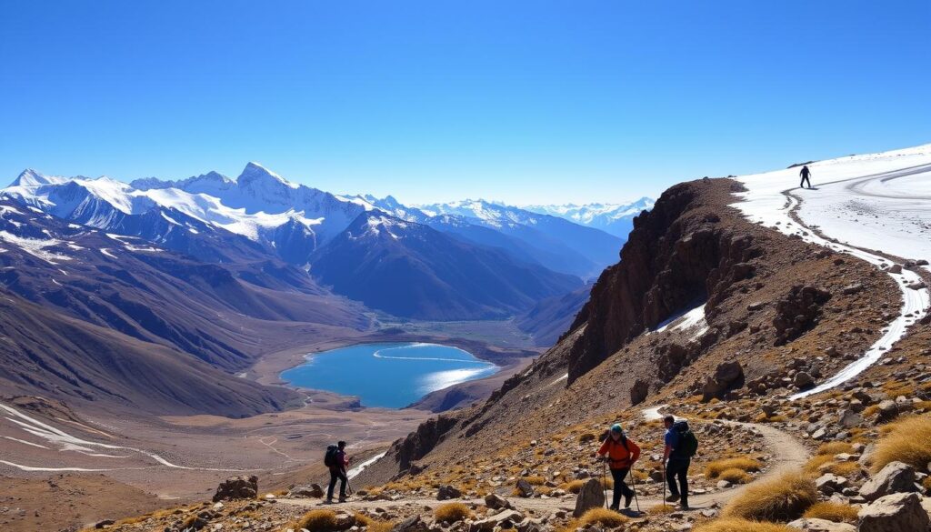 A rugged mountain landscape in Chile, snow-capped peaks reaching towards a vast, azure sky. In the foreground, a group of hikers navigating a winding trail, their gear and attire reflecting the challenging terrain. The middle ground reveals a crystalline lake, its still waters mirroring the surrounding peaks. In the distance, a skier carves graceful turns down a pristine slope, capturing the thrill of the Aktivurlaub experience. The scene is bathed in warm, golden light, conveying the sense of adventure and tranquility that defines this outdoor wonderland.