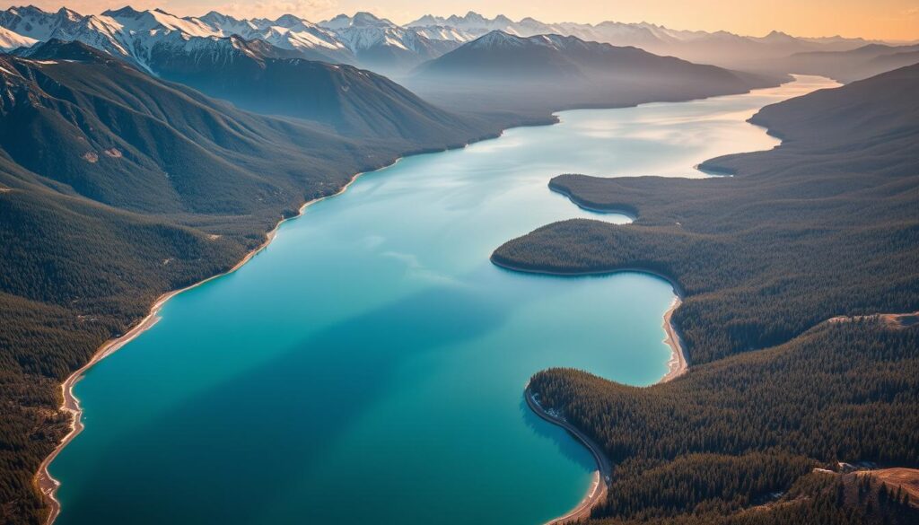 A scenic aerial view of the magnificent Lake Baikal, the deepest freshwater lake in the world, nestled in the heart of Siberia. The serene, turquoise waters stretch out, framed by the rugged, snow-capped Baikal Mountains in the background. Lush, evergreen forests line the shores, creating a picturesque natural landscape. The lake's unique crescent shape and intricate coastline are clearly visible, showcasing its impressive scale and geographical features. The scene is illuminated by warm, directional sunlight, casting dramatic shadows and highlights across the undulating terrain. A wide-angle, high-resolution camera captures the grandeur and scale of this breathtaking Russian natural wonder.
