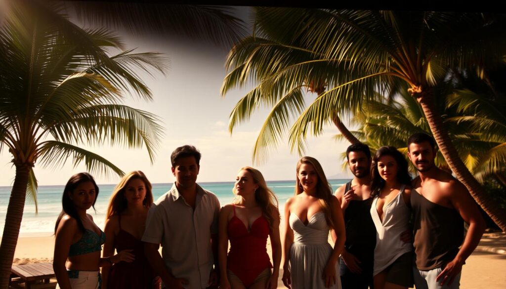 A scenic, dramatic television set depicting the iconic "Temptation Island" reality show. In the foreground, a group of attractive, well-dressed participants stand together, their faces expressing a mix of excitement and apprehension. The middle ground features a lush, tropical backdrop with swaying palm trees and a sun-drenched beach. Lighting is dramatic, with warm, golden tones casting long shadows and creating an atmosphere of heightened emotion and potential temptation. The camera angle is slightly elevated, giving a sense of voyeurism and the illusion of observing a private, personal moment unfolding. The overall mood is one of allure, uncertainty, and the thrill of the unknown, perfectly capturing the essence of the "Temptation Island" experience.