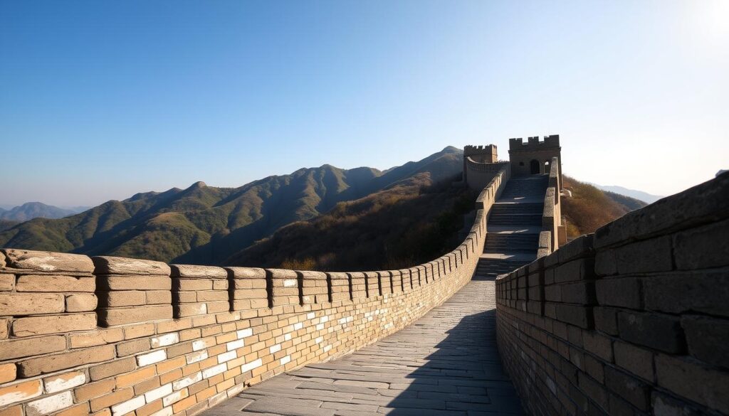 A scenic vista of the Badaling section of the Great Wall of China, captured under a crisp, clear sky. Rugged, weathered stone fortifications wind gracefully along the craggy ridgeline, framed by lush, verdant hills in the middle distance. Sunlight casts warm, dramatic shadows, illuminating the texture and details of the ancient architecture. The pathway leading up to the wall is flanked by stone watchtowers, creating a sense of grandeur and historical significance. The overall mood is one of timeless wonder, showcasing the sheer scale and engineering feat of this iconic landmark.
