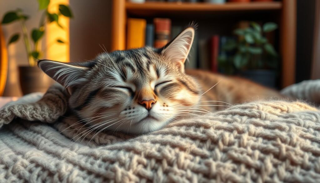 A senior feline resting peacefully on a soft, knitted blanket, their eyes half-closed and expression serene. The lighting is warm and gentle, casting a subtle glow on the cat's fur. In the background, a bookshelf with weathered volumes and a potted plant, hinting at a cozy, domestic setting. The scene conveys a sense of tranquility and the gradual onset of age-related changes, reflecting the onset of feline dementia. The composition is balanced, with the cat occupying the central focus, surrounded by supportive elements that contribute to the overall atmosphere.
