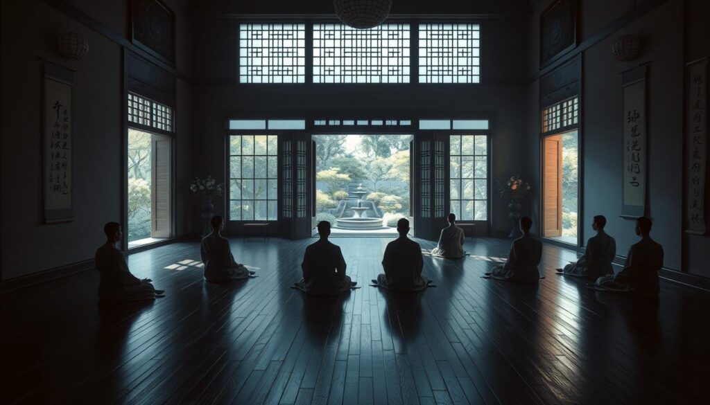 A serene Buddhist meditation hall, dimly lit by soft, diffused natural light filtering through latticed windows. The floor is covered in dark, polished wood planks, upon which sits a group of meditating figures in flowing robes, their postures tranquil and focused. The walls are adorned with calligraphic scrolls and simple floral arrangements, exuding a sense of quiet contemplation. In the background, a garden visible through an open doorway, its lush greenery and trickling water feature creating a soothing, meditative ambiance. The scene evokes a deep sense of stillness, introspection, and spiritual connection.