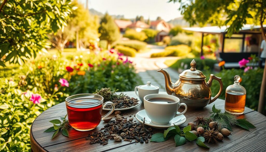 A serene Turkish tea garden on a sunny day, with lush green foliage and vibrant blooms surrounding a wooden table laid out with an assortment of freshly brewed teas, herbal infusions, and traditional Turkish tea sets. The scene is bathed in warm, golden light, creating a cozy and inviting atmosphere. In the foreground, a steaming cup of Turkish tea sits atop the table, its fragrant steam rising into the air. The middle ground features various tea leaves and herbs, each with their own distinct colors and textures, while the background showcases the scenic landscape of the garden, complete with a cobblestone path and a glimpse of a traditional Turkish building. The overall composition conveys the health benefits and cultural significance of the beloved Turkish tea.