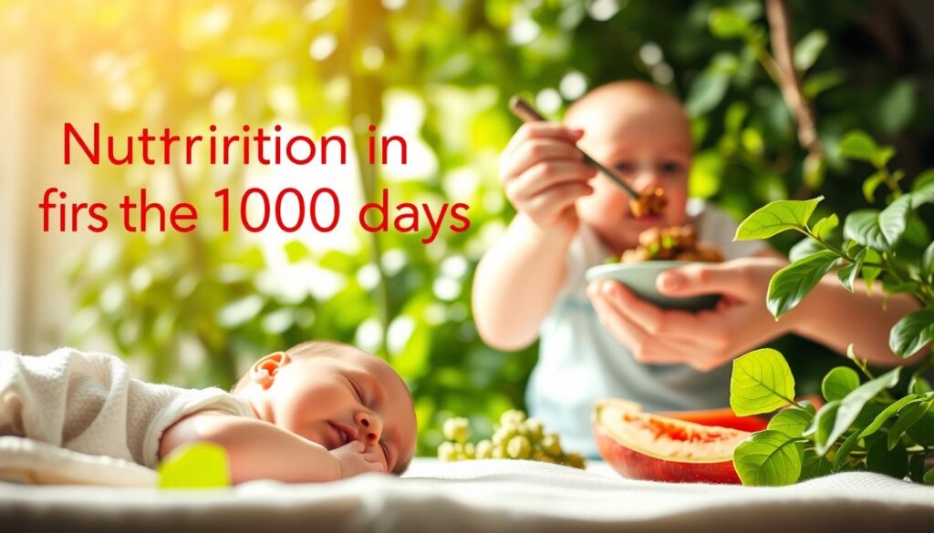 A serene and nourishing scene depicting "Nutrition in the first 1000 days". In the foreground, a newborn baby rests peacefully, surrounded by a soft, natural light. In the middle ground, a loving caregiver gently feeds the infant a healthy, homemade meal, showcasing the importance of proper nutrition during this critical developmental period. The background features lush, verdant foliage, conveying a sense of growth, vitality, and the abundance of nature's bounty. The overall composition evokes a warm, comforting atmosphere, highlighting the significance of proper nourishment in the first 1000 days of a child's life.
