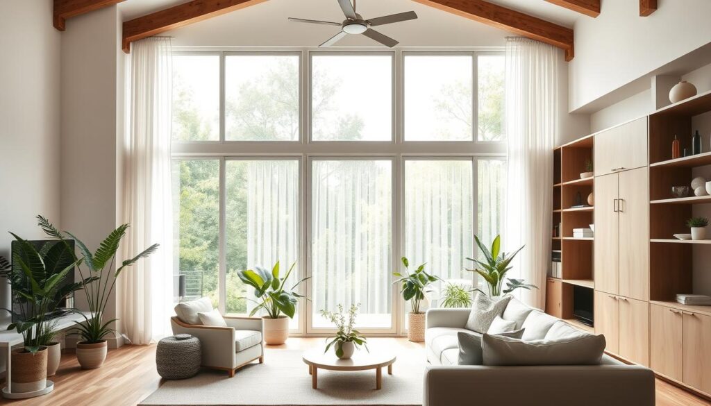 A serene and tranquil living room with large windows overlooking a lush, verdant garden. Soft, diffused natural lighting filters through sheer curtains, creating a calming ambiance. Strategically placed potted plants and light-colored, breathable fabrics on furniture and furnishings help regulate the indoor temperature. A high-ceiling design with exposed wooden beams and a minimalist, Scandinavian-inspired aesthetic contribute to a sense of airiness and coolness. Carefully positioned floor-to-ceiling shelves and cabinets create a visually pleasing, clutter-free space that enhances the room's ability to stay cool. An overall soothing, comfortable, and temperature-conscious interior design that effectively combats the summer heat.