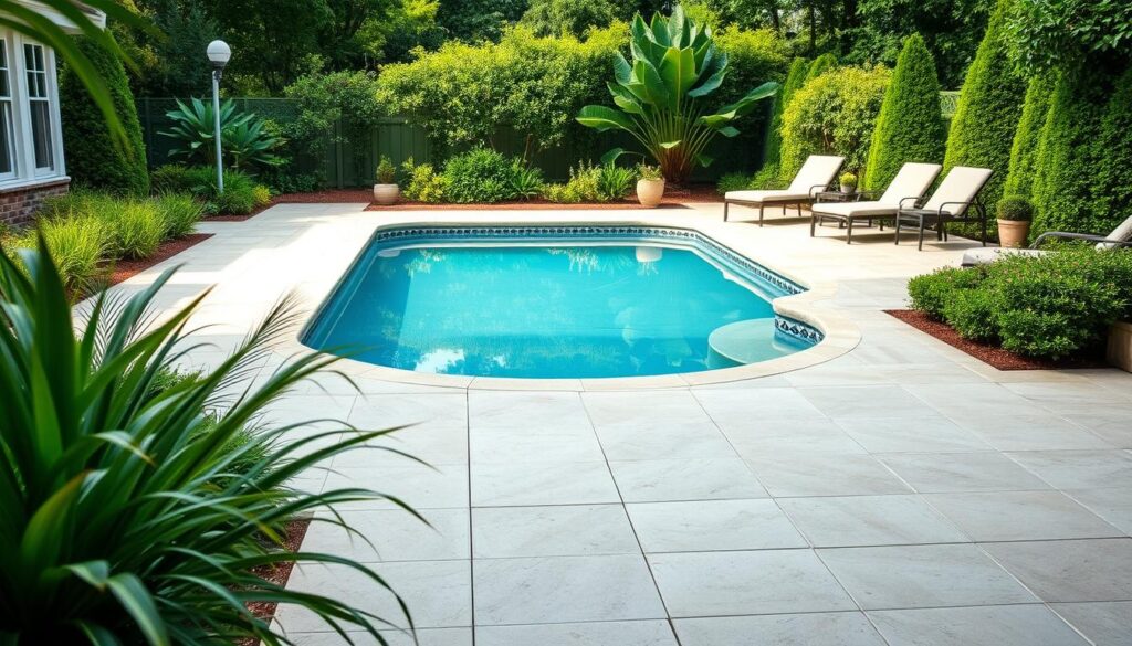 A serene backyard setting with a well-maintained pool surrounded by a carefully tended poolside area. The smooth, tiled pool deck is meticulously swept, with no debris or stains in sight. Lush, verdant plants and neatly trimmed shrubs border the pool, creating a harmonious, natural ambiance. Soft, diffused natural lighting filters through, casting gentle shadows and highlighting the clean, polished surfaces. The poolside furniture, such as lounge chairs and side tables, are arranged in an inviting, orderly fashion, suggesting a space for relaxation and enjoyment. An overall sense of tranquility and attention to detail pervades the scene, showcasing the meticulous care and upkeep of the poolside environment.