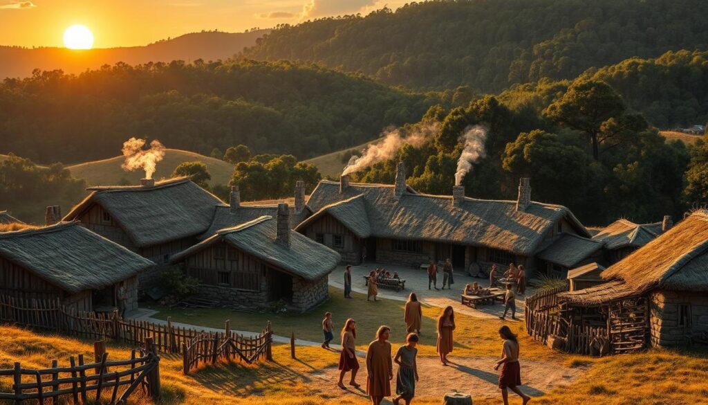 A serene bronze-age village nestled amidst rolling hills, bathed in the warm glow of a setting sun. Thatched-roof cottages cluster around a central square, where villagers gather to exchange goods and share stories. Smoke curls from stone chimneys, hinting at the daily lives unfolding within. In the foreground, a group of children play a traditional game, their laughter echoing across the tranquil scene. Weathered wooden fences and winding paths connect the dwellings, suggesting a close-knit community. The backdrop features a dense forest, its ancient trees standing as silent witnesses to the passage of time. This image captures the essence of life in the bronze age, a period of cultural transformation and the foundations of modern civilization.