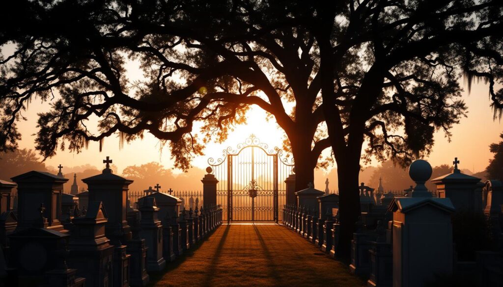 A serene cemetery landscape at golden hour, with rows of ornate headstones and mausoleums in the foreground, casting long shadows across the manicured grounds. In the middle ground, a wrought-iron gate stands open, inviting visitors to enter. The background is filled with a soft, hazy sky, with the warm glow of the setting sun peeking through the branches of towering oak trees. The overall atmosphere is one of solemn reverence, reflecting the legal obligations and historical significance surrounding the proper care and maintenance of this hallowed ground.