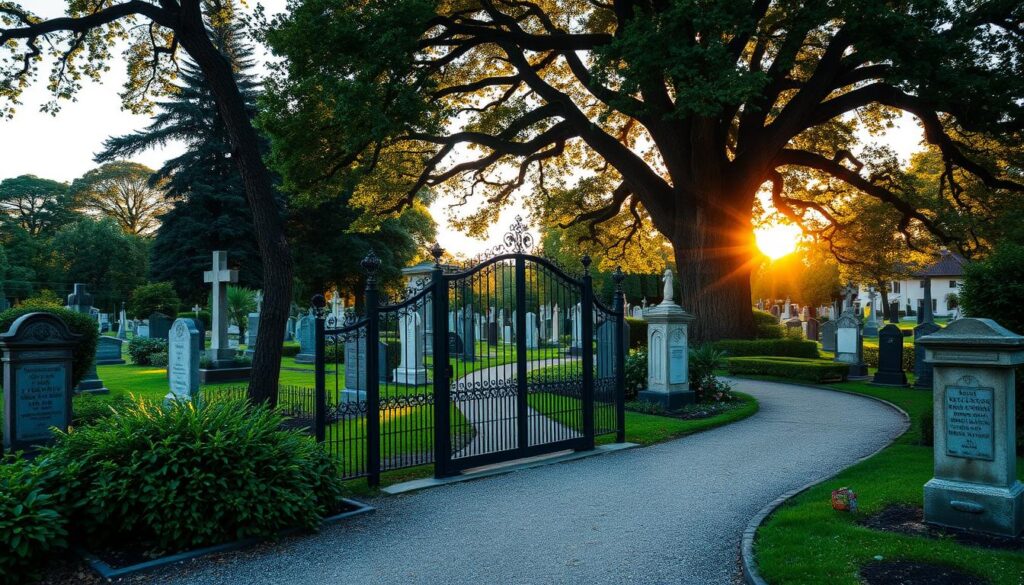 A serene cemetery nestled within a tranquil village, the Parkfriedhof and Dorffriedhof stand as solemn testaments to the rich tapestry of German burial culture. Lush greenery and weathered headstones create a picturesque scene, bathed in the warm glow of a golden hour sunset. Ornate wrought-iron gates and winding gravel paths guide the viewer through this sacred space, where the past and present coexist in harmonious contemplation. Towering oak trees cast gentle shadows, lending an air of reverence and timelessness to the setting. This image perfectly encapsulates the diverse range of cemeteries found throughout Germany, reflecting the country's deep-rooted traditions and reverence for the departed.