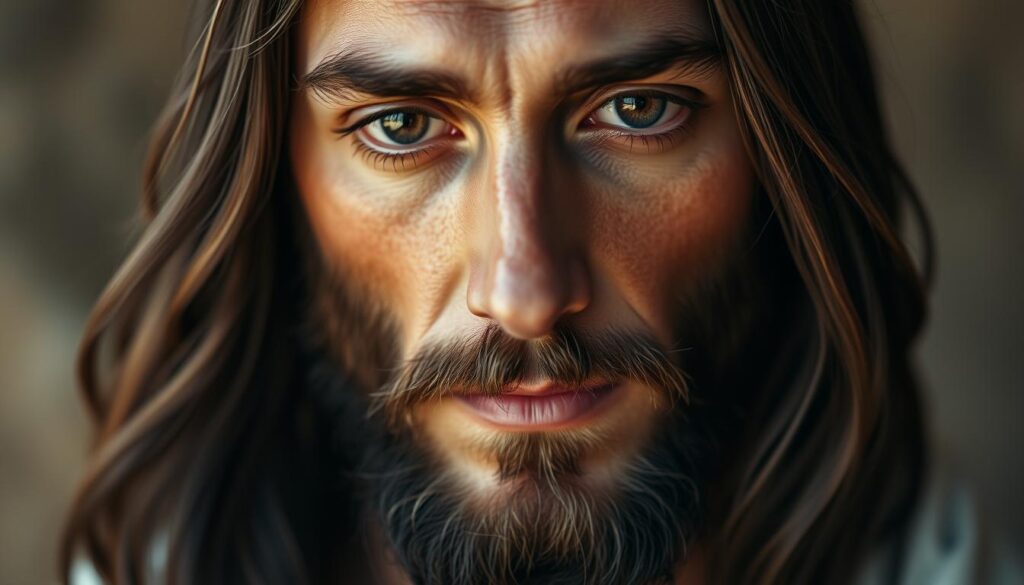 A serene, close-up portrait of the historical Jesus, as depicted in ancient Jewish scriptures. His face radiates a warm, contemplative expression, with gentle eyes and a soft, compassionate gaze. The lighting is soft and diffused, creating a sense of tranquility and introspection. The background is blurred, allowing the viewer to focus solely on the subject's soulful features. The composition emphasizes the subject's inner wisdom and spirituality, conveying the essence of his profound understanding of love and human connection.