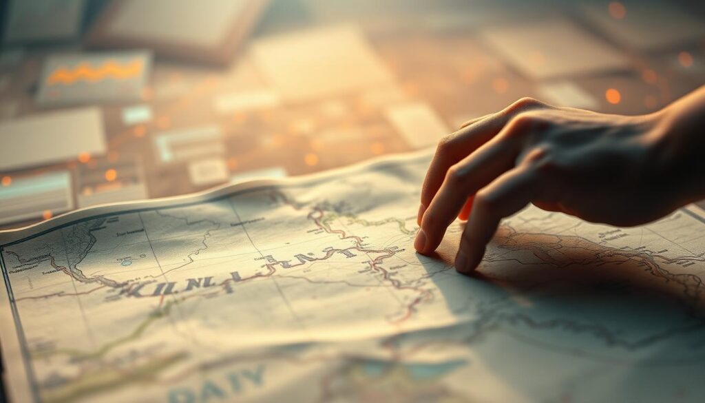 A serene digital landscape with a central focus on a vintage paper map, its edges softly worn. In the foreground, a hand gently tracing the map's contours, a symbol of privacy and control over one's navigation. The background fades into a hazy, technology-infused environment, with subtle hints of digital interfaces and data streams, creating a contemplative balance between the analog and the digital. Warm, muted lighting casts a thoughtful glow, inviting the viewer to ponder the intersection of traditional navigation and modern data privacy concerns. The overall tone is one of thoughtful introspection, emphasizing the importance of maintaining personal agency in the digital age.