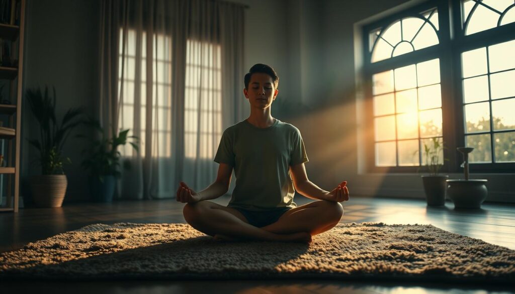 A serene, dimly lit room with a person sitting cross-legged on a plush, earthy-toned rug, practicing mindfulness meditation. Soft, warm lighting filters through a large window, casting a tranquil, golden glow. The person's face is peaceful, eyes closed, hands resting gently on their lap. Houseplants and a small fountain add to the calming atmosphere. The scene conveys a sense of inner calm, focus, and stress relief, reflecting the concept of "Stressmanagement".