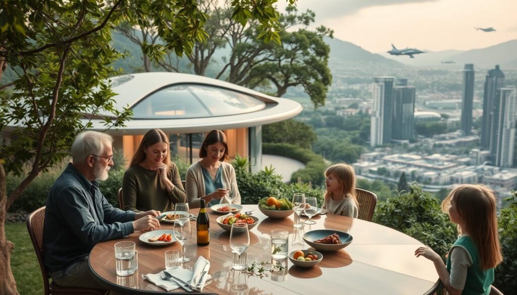 A serene, futuristic family gathering in a lush, verdant outdoor setting. In the foreground, a multigenerational Thunberg clan - grandparents, parents, and children - sharing a meal around a large, organic-shaped table. Subtle holograms and smart devices blend seamlessly into the tranquil scene. The middle ground features a sophisticated, self-sustaining home powered by renewable energy, its architecture blending modern and natural elements. In the background, a panoramic view of a thriving, eco-friendly cityscape, with flying vehicles and verdant skyscrapers stretching to the horizon. Soft, diffused lighting and a calming color palette evoke a sense of harmony and optimism for the future of the Thunberg family and society.