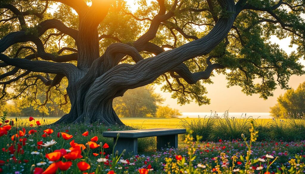 A serene garden scene, bathed in warm, golden afternoon light. In the foreground, a large, ancient tree stands, its twisted, gnarled trunk and branches reaching skyward. The leaves are a deep, verdant green, hinting at the knowledge and wisdom it has acquired over the centuries. Surrounding the tree, a lush carpet of vibrant wildflowers - poppies, lilies, and forget-me-nots - sway gently in a light breeze. In the middle ground, a weathered stone bench invites the viewer to pause and contemplate the significance of this iconic, biblical imagery. The background fades into a tranquil, hazy horizon, creating a sense of timelessness and introspection. This scene evokes the essence of the biblical narrative, without the distraction of a specific fruit.