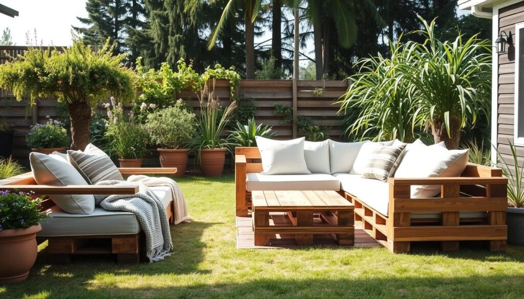 A serene garden setting with a cozy outdoor lounge made from rustic wooden pallets. The lounge features plush cushions and throws, creating a welcoming and comfortable atmosphere. Soft, diffused natural lighting illuminates the scene, casting gentle shadows and highlights. The pallet furniture is meticulously crafted, with clean lines and precise joinery, showcasing a step-by-step construction process. The background features lush greenery, including potted plants and a backdrop of tall trees, further enhancing the tranquil, nature-inspired ambiance. The overall composition conveys a sense of relaxation and DIY pride, inviting the viewer to envision themselves building and enjoying this charming garden oasis.