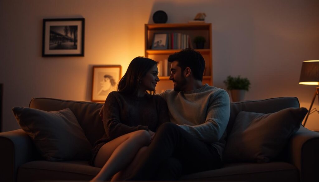 A serene, intimate scene of a couple in a cozy, dimly lit living room. The pair sit comfortably on a plush sofa, engaged in a deep conversation, their body language reflecting a close, affectionate bond. Soft, warm lighting casts a gentle glow, creating a sense of intimacy and privacy. In the background, subtle details like framed artwork, bookshelves, and a potted plant suggest a personal, homely environment. The overall atmosphere evokes a sense of tranquility and the private, inner world of a relationship.