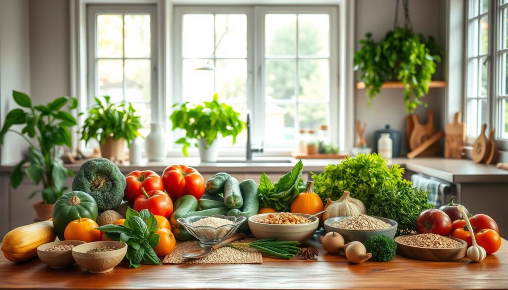 A serene kitchen scene with fresh produce, whole grains, and healthy cooking ingredients arranged neatly on a wooden table. Soft, natural lighting filters through large windows, casting a warm glow over the scene. In the background, a collection of leafy green plants and herbs add a touch of vitality. The overall atmosphere conveys a sense of balance, mindfulness, and a holistic approach to managing the skin condition Rosacea through diet and lifestyle. The image should inspire a feeling of tranquility and wellness.