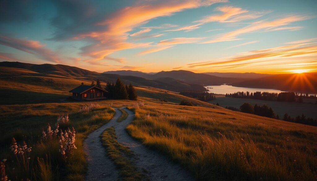 A serene landscape of rolling hills and lush meadows, bathed in the warm, golden glow of a setting sun. In the foreground, a winding path leads towards a cozy, rustic cabin nestled among the trees, its windows aglow with the promise of a new beginning. The middle ground is dotted with wildflowers and tall grasses, swaying gently in the cool breeze. In the distance, a tranquil lake reflects the vibrant hues of the sky, creating a sense of calm and stability. The overall atmosphere evokes a feeling of peace, renewal, and the promise of a fresh start, perfectly capturing the essence of "Neuanfang und Stabilisierung" in Nico Legat's journey towards recovery.