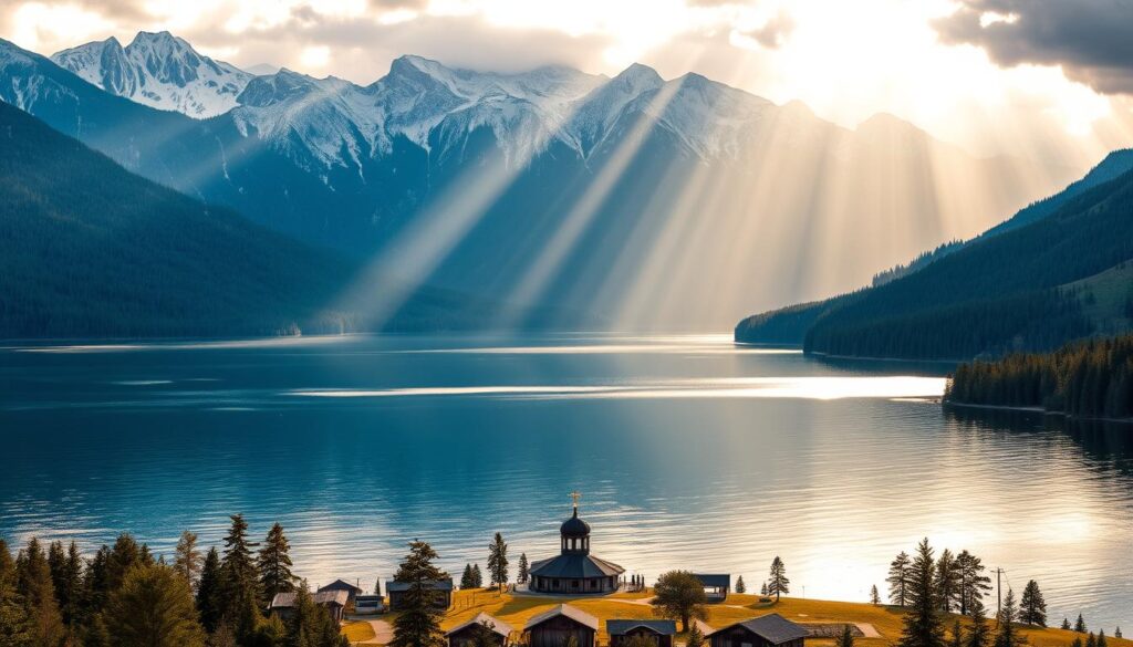 A serene landscape of the ancient Baikal Lake, nestled in the heart of Siberia. The calm, crystalline waters stretch out, reflecting the rugged, snow-capped mountains that rise in the background. Dense, evergreen forests line the shores, casting long shadows across the surface. Shafts of golden sunlight filter through the clouds, illuminating the scene with a warm, ethereal glow. In the foreground, a small, traditional Siberian village sits peacefully, its wooden structures and domes blending seamlessly with the natural surroundings. The overall atmosphere conveys the timeless, untamed beauty and rich history of this remarkable freshwater lake.