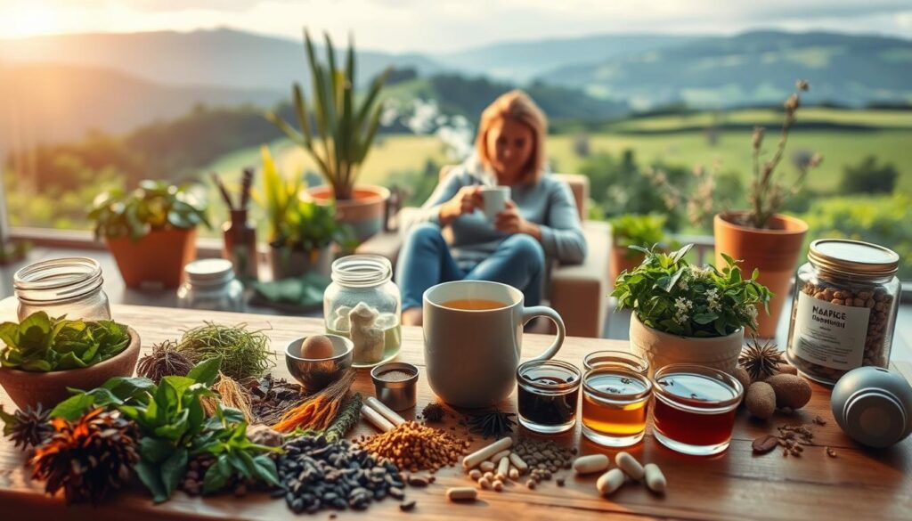 A serene, natural setting with a variety of alternative remedies for cold and flu symptoms. In the foreground, an assortment of herbs, teas, and natural supplements on a wooden table, bathed in warm, soft lighting. In the middle ground, a person sitting comfortably, sipping a steaming mug and surrounded by potted plants and natural decor. The background features a tranquil landscape with rolling hills, lush greenery, and a calming, overcast sky. The overall atmosphere conveys a sense of holistic well-being and the embrace of natural healing methods.