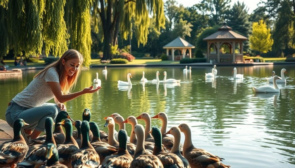 A serene pond in a lush, verdant park. In the foreground, a group of ducks eagerly gather, their vibrant feathers shimmering in the warm afternoon sunlight. The ducks are gathered around a woman kneeling by the water's edge, her hands outstretched, offering a variety of healthy, natural treats, carefully avoiding any bread. In the middle ground, other waterfowl such as geese and swans observe the scene, while in the background, tall trees and a picturesque gazebo create a peaceful, idyllic atmosphere. The overall tone is one of harmony and education, showcasing the proper way to feed and interact with these beloved water birds.