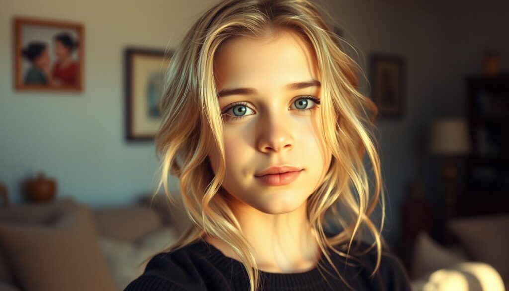 A serene portrait of a young Hailey Bieber in her early career days. Warm, soft lighting illuminates her delicate features and cascading blonde hair, evoking a sense of youthful innocence. She stands in a cozy, domestic setting, perhaps a family living room, with subtle details in the background hinting at her upbringing and background. The overall mood is one of tranquility and nostalgia, capturing a pivotal moment in Hailey's journey before her rise to fame. A medium close-up shot, slightly tilted, gives an intimate, candid perspective, as if we're glimpsing a private moment in her early life.