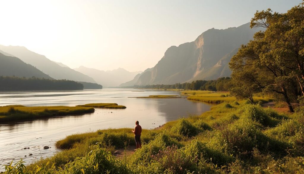 A serene river landscape, showcasing the ecological significance of the world's longest rivers. In the foreground, lush riverbanks teeming with diverse flora and fauna, hinting at the rich biodiversity nurtured by these waterways. The middle ground features the majestic, gently flowing river, its surface reflecting the sky above, conveying a sense of tranquility. In the background, towering mountains or rolling hills create a picturesque backdrop, emphasizing the rivers' role in shaping the surrounding environment. Warm, golden lighting bathes the scene, creating a soft, natural ambiance. The composition is balanced, with a focus on the river and its immediate ecosystem, capturing the essence of the ecological importance of these vital water sources.