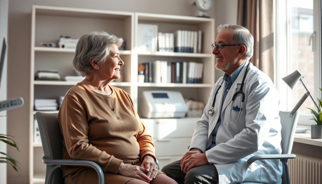 A serene, sun-dappled doctor's office, with a middle-aged patient sitting calmly across from a kindly physician. Soft, muted hues and natural lighting create an atmosphere of reassurance and care. In the background, shelves of medical references and diagnostic equipment convey the professionalism and expertise of the practice. The patient's pose exudes a sense of trust and openness, while the doctor's expression reflects empathy and guidance. This scene represents the importance of proactive, compassionate medical support in maintaining one's health and wellbeing.
