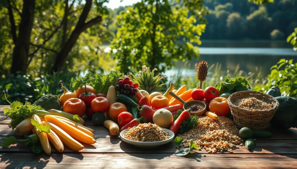 A serene, sun-dappled outdoor scene showcasing the symbiotic relationship between nutrition and recovery. In the foreground, an array of vibrant, whole foods - crisp vegetables, juicy fruits, and hearty grains - artfully arranged on a rustic wooden table. Soft shadows play across the surface, hinting at the gentle light filtering through lush foliage in the middle ground. In the background, a tranquil body of water reflects the verdant landscape, conveying a sense of balance and rejuvenation. The overall mood is one of wellness, nourishment, and the natural cycles of replenishment.