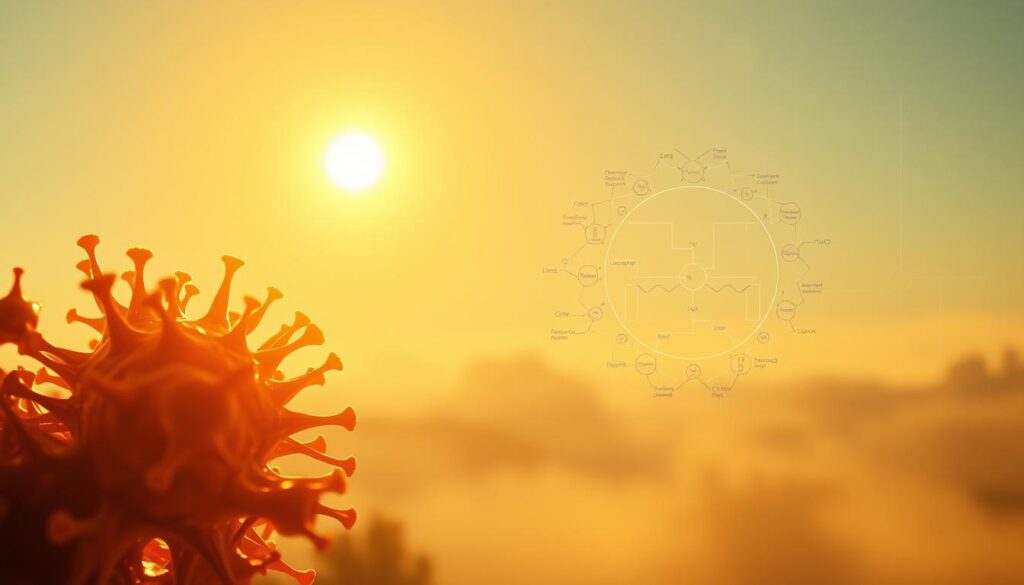 A serene, sun-drenched scene depicting the interplay between vitamin D and cellular aging. In the foreground, a vibrant cluster of healthy, glowing human cells basking in warm, golden light. In the middle ground, a stylized molecular diagram showcasing the complex biochemical pathways by which vitamin D regulates cellular processes and mitigates the effects of aging. In the background, a hazy, atmospheric landscape evoking the restorative power of sunlight and its crucial role in vitamin D synthesis. The overall composition conveys a sense of balance, vitality, and the fundamental connection between this essential nutrient and the body's natural defense against the ravages of time.