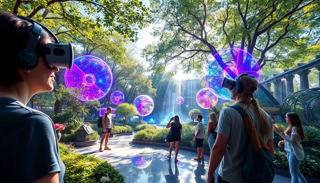 A serene virtual reality experience unfolds within the Europa-Park, a lush oasis of innovation. Visitors don sleek VR headsets, immersing themselves in a futuristic landscape. Vibrant holograms dance across the scene, blending seamlessly with the natural surroundings. Sunlight filters through the canopy, casting a warm glow on the futuristic displays. Guests explore interactive exhibits, their movements tracked by advanced motion-sensing systems. The park's cutting-edge technology seamlessly integrates with the verdant environment, showcasing the boundless possibilities of technology in harmony with nature.