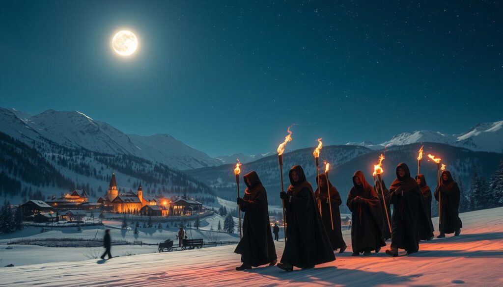A serene winter landscape on a crisp, moonlit night. In the foreground, a small village nestled between snow-capped mountains, its quaint cottages and churches casting warm, flickering candlelight. In the middle ground, a group of robed figures carrying torches, processing through the snow, their movements evoking an air of mystery and ancient ritual. The sky above, filled with twinkling stars, exudes a sense of timelessness and the sacred. The overall atmosphere is one of quiet contemplation, as if the viewer has stumbled upon a timeless Raunächte tradition unfolding in the twilight between Christmas and Epiphany.