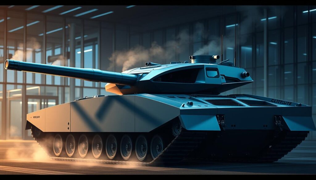 A sleek, futuristic German main battle tank, its angular silhouette bathed in a soft, bluish hue. The turret rotates with precision, its reactive armor panels glistening under precise, dramatic lighting. In the background, a high-tech R&D facility comes into focus, its glass façade reflecting the tank's advanced form. Wisps of steam or exhaust drift lazily, hinting at the power contained within. The scene exudes a sense of technological superiority and German engineering prowess, befitting the cutting edge of armored vehicle development.