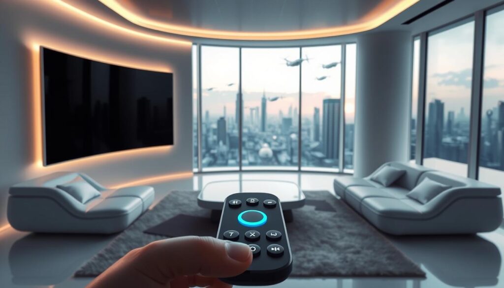 A sleek, futuristic living room with a large, curved OLED television mounted on the wall. The screen emits a soft, ambient glow, bathing the space in a warm, inviting light. In the foreground, a state-of-the-art remote control hovers above a minimalist coffee table, its touch-sensitive surface glowing with intuitive controls. The middle ground features a modern, modular sofa arrangement, strategically positioned to provide the optimal viewing angle. The background reveals floor-to-ceiling windows, offering a panoramic view of a futuristic cityscape, with skyscrapers and hovering vehicles in the distance. The overall atmosphere conveys a sense of technological advancement, seamless integration, and a vision for the future of television viewing.