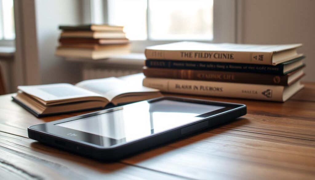 A sleek, minimalist e-book reader rests on a wooden table, its crisp display illuminated by soft, natural light filtering through a window. The device's clean, streamlined design evokes a sense of modern sophistication, hinting at the digital revolution transforming the world of literature. In the background, a neatly stacked pile of vintage books stands as a testament to the enduring legacy of the printed page, creating a visual dialogue between the old and the new. The overall composition conveys a sense of transition, where the analog and the digital coexist in harmony, reflecting the evolution from the physical to the virtual book.