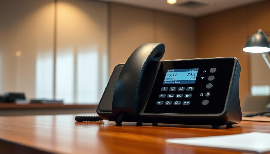 A sleek, modern answering machine with a digital display panel, situated on a polished wooden desk. The device's matte black casing blends seamlessly with the minimalist office setting, accented by warm task lighting and a subtle haze. The display showcases a caller ID, time stamp, and message counter, reflecting the machine's automatic activation and recording capabilities. The scene conveys a sense of efficiency and technological progress, highlighting how this device revolutionized personal communication before the rise of smartphones and voicemail.