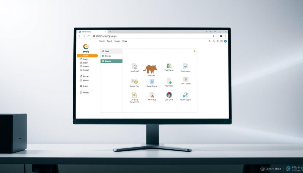 A sleek, modern desktop computer screen displaying the eMule interface, showcasing its key features. The foreground depicts the eMule application window with a minimalist and intuitive design, highlighting file-sharing, download management, and search functionalities. The middle ground features a clean, uncluttered workspace with stylized icons and a simple color palette, conveying a sense of efficiency and organization. The background subtly suggests a technology-driven environment, with subtle gradients or textures adding depth and sophistication. The overall scene exudes a professional, user-friendly atmosphere, capturing the unique capabilities of the eMule software.