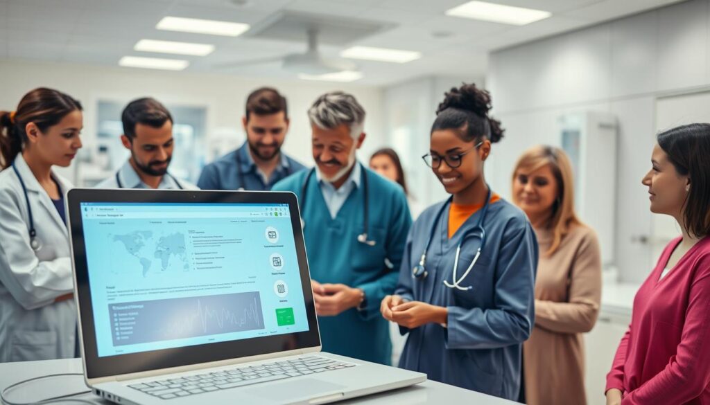 A sleek, modern electronic medical records system occupies the foreground, its clean interface and intuitive layout hinting at the seamless integration of patient data. In the middle ground, a diverse group of patients - young and old, from various backgrounds - interact with the system, their expressions a mix of curiosity and confidence. The background showcases a sophisticated healthcare facility, with state-of-the-art equipment and a calming, minimalist aesthetic. Soft, diffused lighting illuminates the scene, creating a sense of professionalism and trust. The overall mood is one of efficiency, accessibility, and a patient-centric approach to modern healthcare.