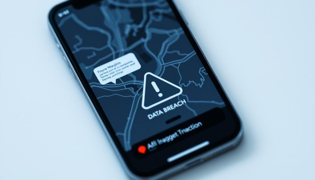 A sleek, modern fitness app interface displayed on a smartphone screen, with a data breach warning icon prominently featured. The app's map and user tracking functionalities are visible, hinting at the potential security risks. The background is blurred, emphasizing the app's display, with a cool, muted color palette conveying a sense of unease. The overall composition suggests the tension between the convenience of fitness tracking and the vulnerabilities of personal data exposure.