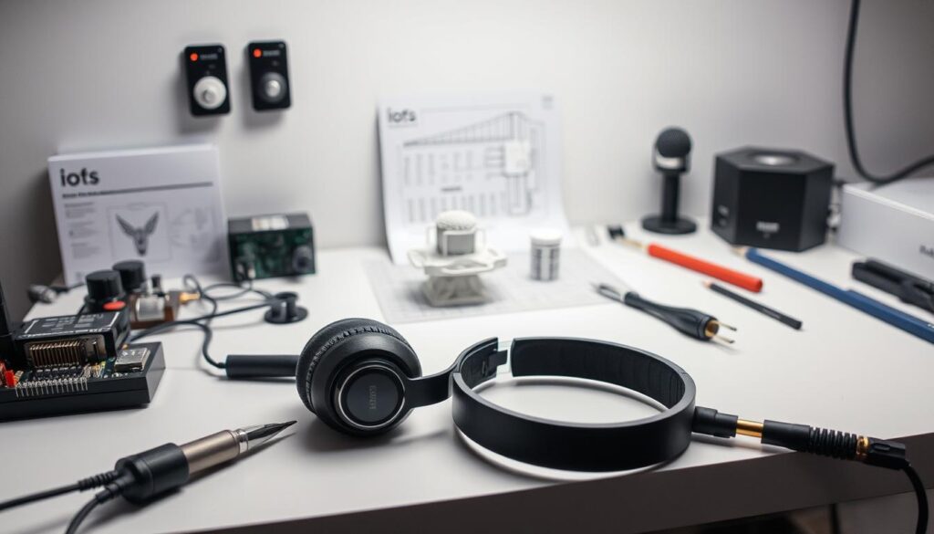 A sleek, modern-looking workbench with various electronic components, tools, and equipment arranged neatly. The lighting is soft and diffused, creating a professional, technical atmosphere. In the foreground, a pair of disassembled headphones sits alongside a soldering iron, wire cutters, and other tools, hinting at the process of converting the headphones into a microphone. The middle ground features a 3D-printed model or schematic diagram, providing a visual reference for the technical requirements. The background showcases a minimalist, industrial-style setting with clean lines and a neutral color palette, emphasizing the precision and attention to detail required for the conversion.