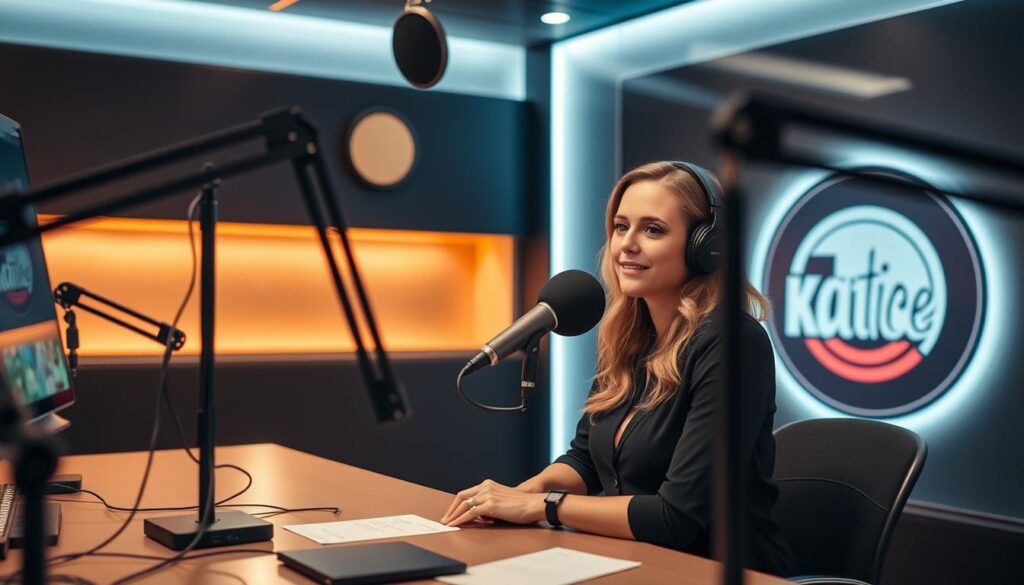 A sleek, modern recording studio with professional audio equipment and microphones. Katie Price sits at a desk, focused and engaged, as she records her podcast. The lighting is warm and flattering, casting a soft glow on her face. In the background, a stylized backdrop featuring her show's logo and branding creates a polished, visually appealing environment. The overall atmosphere conveys a sense of creativity, productivity, and Katie's passion for her current projects.