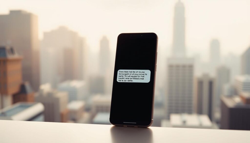 A sleek, modern smartphone screen displays a concise SMS message against a blurred background of a busy city skyline, conveying the essence of efficient mobile communication. Warm, natural lighting casts a soft glow, while a shallow depth of field emphasizes the message as the focal point. The minimalist design and muted color palette create a professional, elegant atmosphere suitable for a business-oriented article on effective SMS practices.