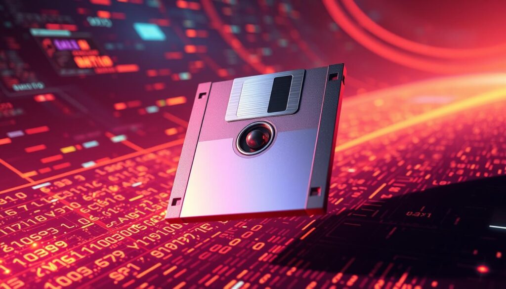 A sleek, retro-styled floppy diskette levitating amidst a futuristic digital landscape. The diskette's metallic surface reflects the vibrant hues of a holographic grid, conveying its role as a tangible storage medium in the evolving computer world. In the background, abstract binary patterns and lines of code converge, symbolizing the digital realm that the diskette once dominated. Warm, directional lighting casts dramatic shadows, adding depth and a sense of technological mystique to the scene. The overall composition balances the tactile nature of the diskette with the ethereal, computerized environment, capturing the transition from physical to digital data storage.